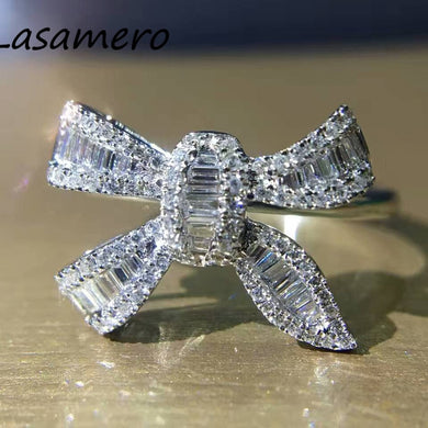 Ring For Women 0.362CTW 18k White Gold Round & Baguette Cut Natural Diamond Bowknot Shape Halo Engagement Wedding Ring
