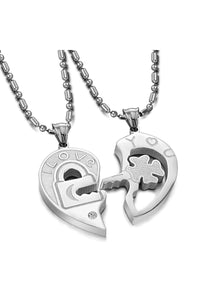 2PCs Heart Pattern Key Pendant Necklaces Stainless Steel Charm Necklaces With Rhinestone Fit Couples' Love Jewelry Gift