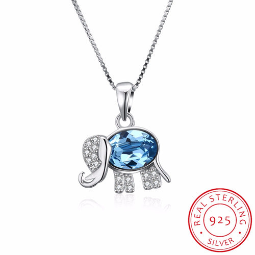 Genuine 925 Sterling Silver Elephant Pendants Necklaces Fine Jewelry Blue Cubic Zirconia Necklace For Women Collares