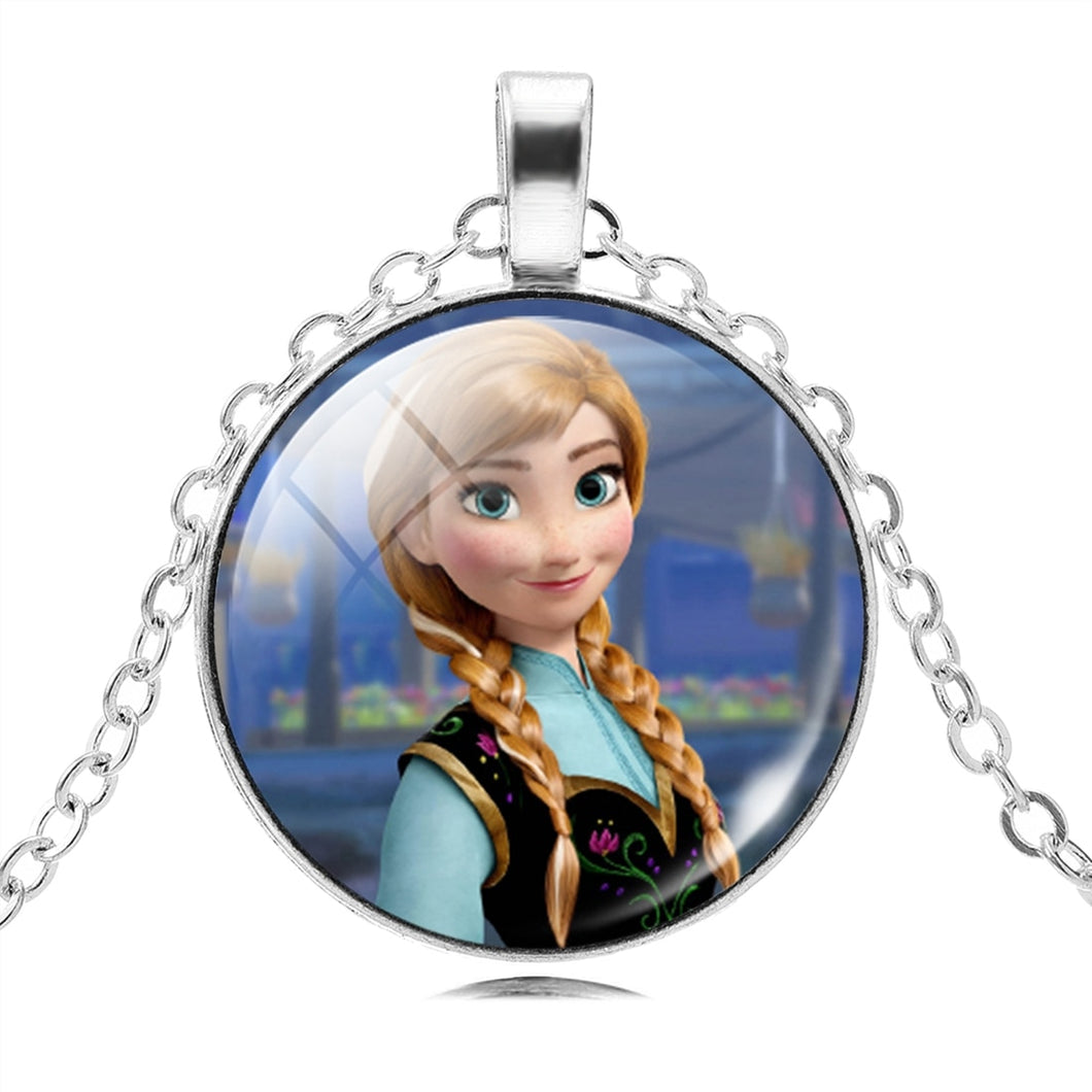 The Long Chain Jewelry Necklace Crystal Cabochon Princess Elsa Anna Pendant Necklace Girl Choker Silver Color