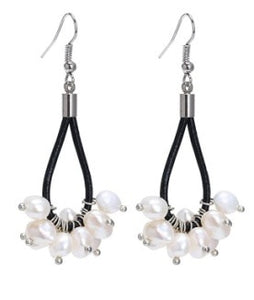 White Natural Pearl Hook Black Leather Handmade Statement Tassel Earrings