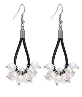 White Natural Pearl Hook Black Leather Handmade Statement Tassel Earrings