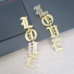 LOVE Earrings Old English Letters Long style Earrings Woman's Fashion Statement Earrings Light weight Earrings