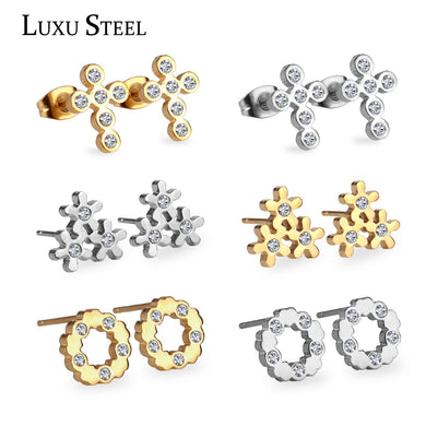 6 Pairs /Box Brand New Model Traditional Stainless Steel Earrings Gold Steel Mixed Set Cubic Zirconia Stud Earrings
