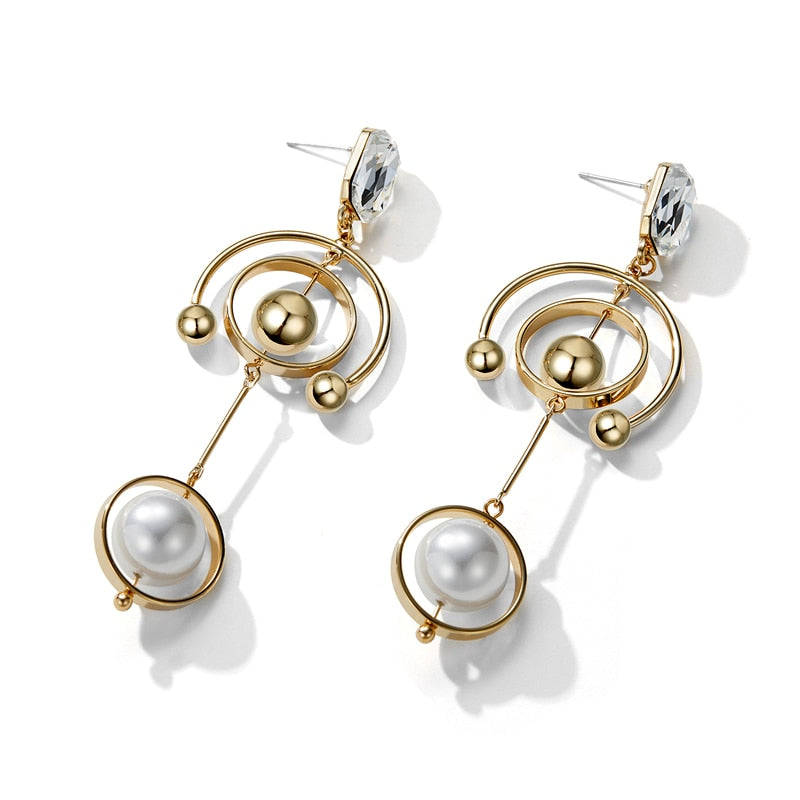 LWONG New Gold Ball Multi Circle Long Drop Earrings for Women Square Crystal Faux Pearl Geometrical Earrings Minimalist Earrings