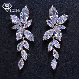 Marquise Cut Flower Zirconia Crystal Long Drop Earrings for Women Shiny Leaf CZ Stone Bridal Wedding Jewelry