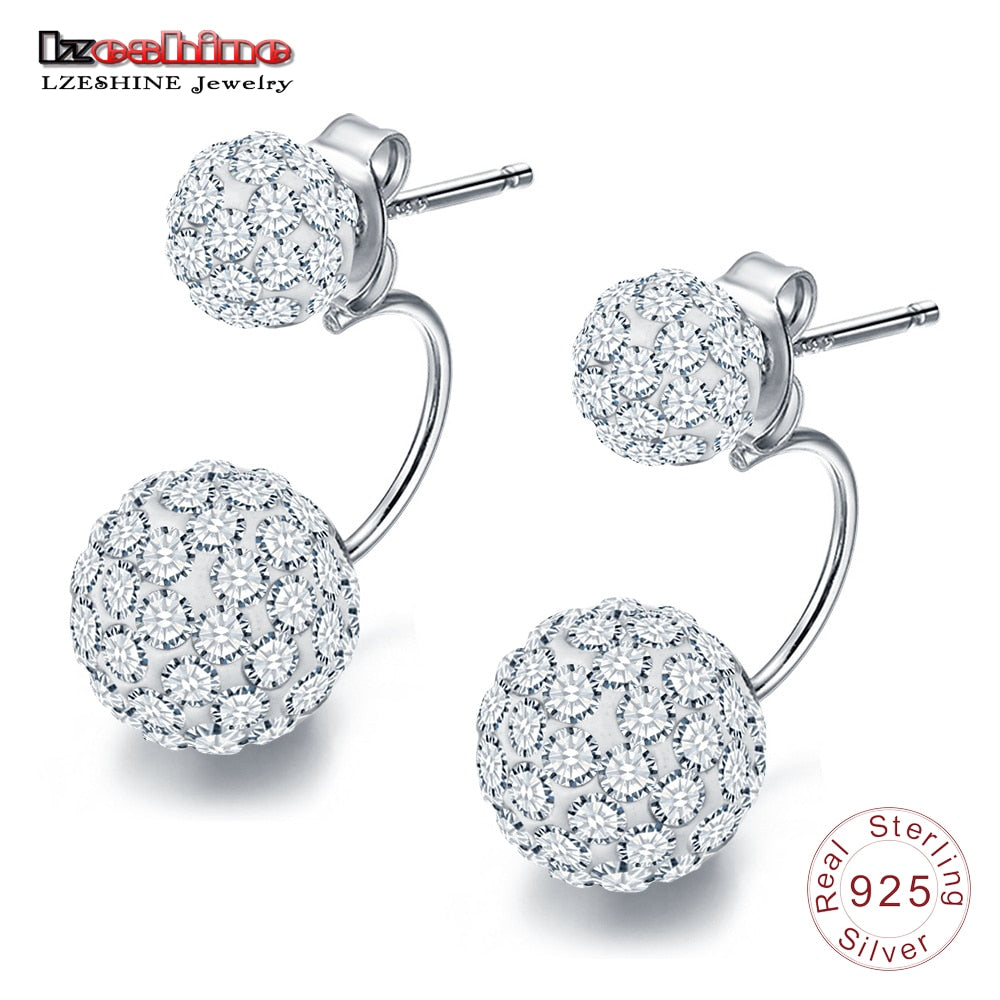 100% 925 Sterling Silver Earrings Elegant Double Spherical AAA Zircon Earrings For Women Sliver Jewelry Gift