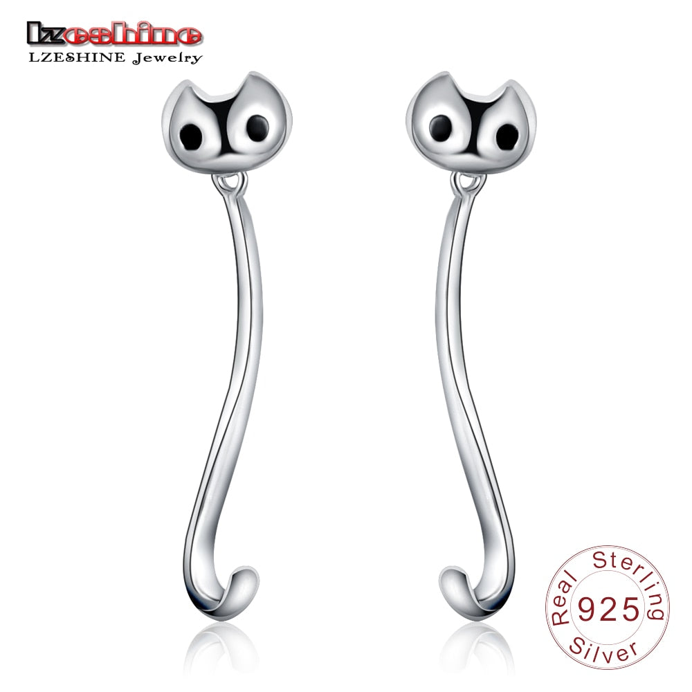 925 Sterling Silver Jewelry Accessories Lovely Animal Cat Long Earrings Best Gift For Women bijoux PSER0037-B