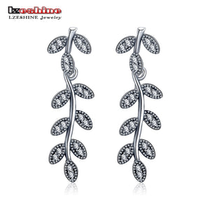 Fashion Drop Earrings 100% 925 Sterling Silver Sparkling long Leaves Earrings Romantic Wedding Drop Shipping PSER0044-B