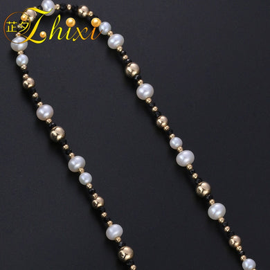 L Collana lunga di perle Oro giallo 9 carati Gioielleria raffinata Catena di maglioni di perle naturali Vicino al lussuoso regalo di anniversario rotondo EB34 