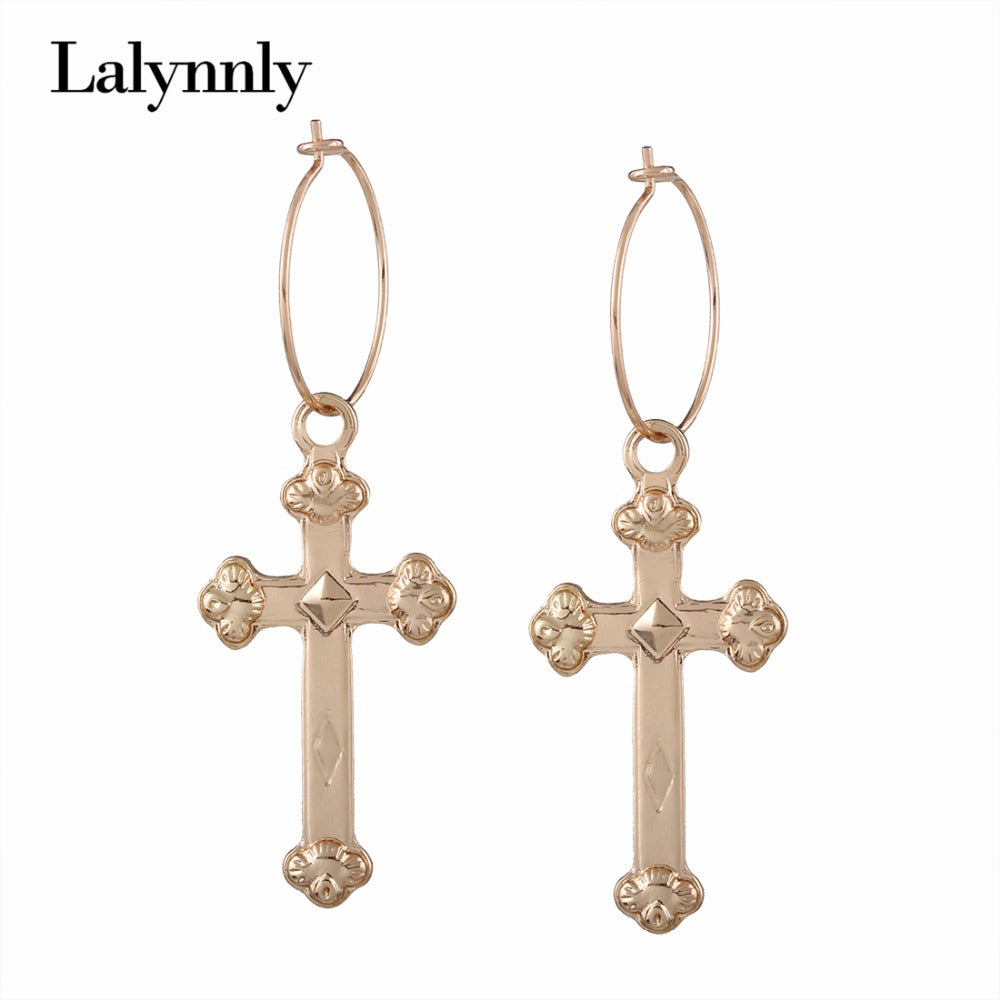 Gold Color Cross Earrings for Women Cross Pendant Earrings Drop Earrings Vintage Fashion Jewelry Accessories E06081