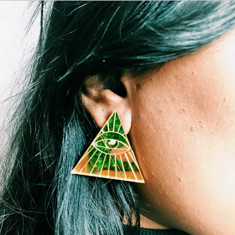 Laser Mark Acrylic made Gold Triangle Horus Eyes Stud Earring Night Club Bling Bling Woman's Accessories