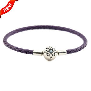 Leather Bracelets Real 925 Sterling Silver Starry Sky Clasp ,Dark Purple Leather Bracelet Fit Women Charm Beads Wholesale CKP613
