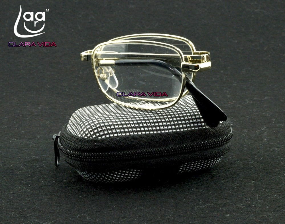 Leesbril Two Pairs! Portable Golden Metal Frame Classic Foldable Reading Glasses With Belt Case +1 +1.5 +2 +2.5 +3 +3.5 +4. 918