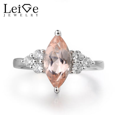 Real Natural Pink Morganite Ring Wedding Rings Marquise Cut Romantic Gifts Genuine Solid 925 Sterling Silver
