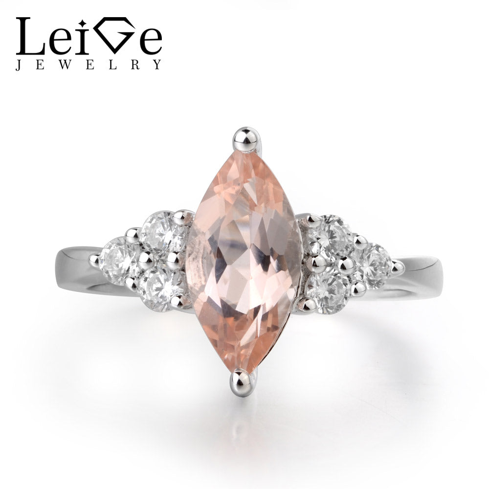 Real Natural Pink Morganite Ring Wedding Rings Marquise Cut Romantic Gifts Genuine Solid 925 Sterling Silver