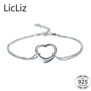 925 Sterling Silver Heart Charm Bracelet For Women Double Layer Box Chain Handcuff Bangle Dangle Pendant Bracelets LB0113