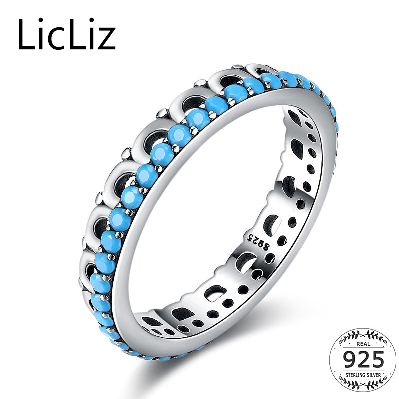 Boho 100% Real 925 Sterling Silver Turquoise Rings For Women Green Stone Stackable Eternity Ring Band Hollow Ring LR0606