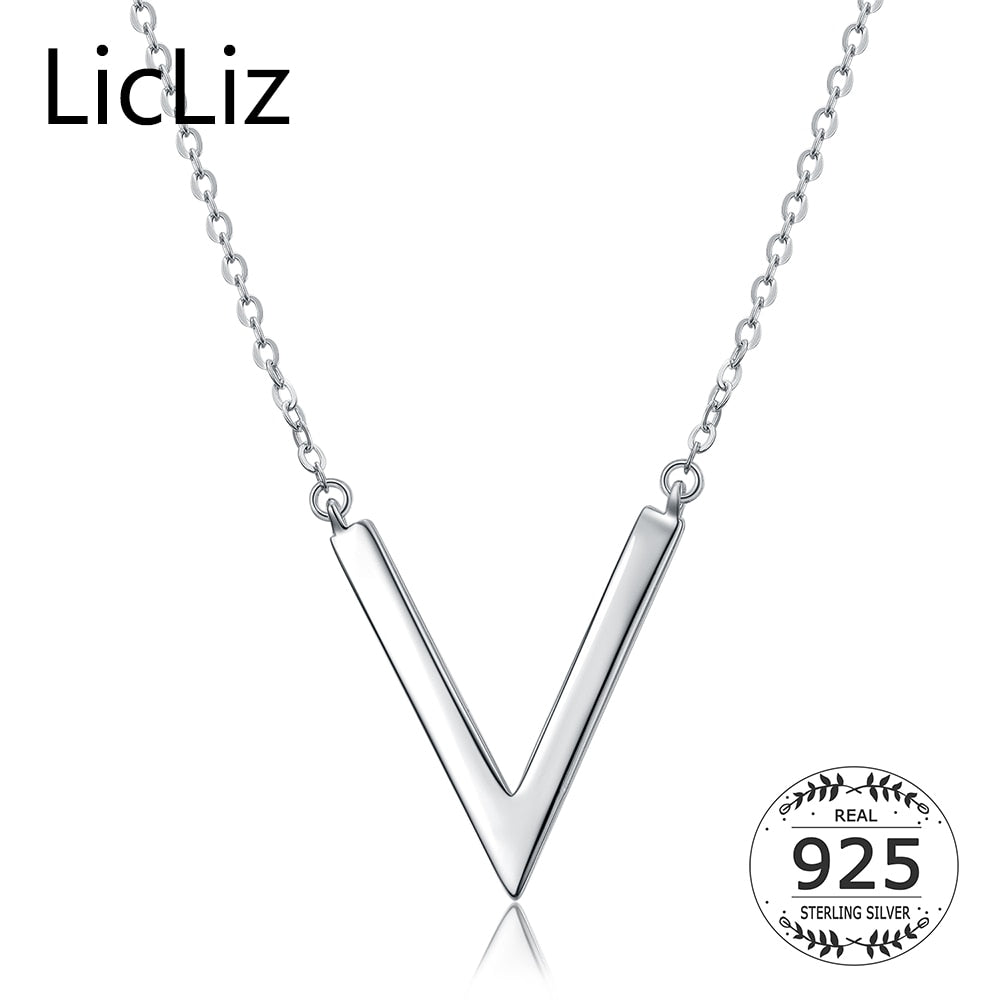 Simple Letter Long Link Chain V Pendant Necklace for Women 925 Sterling Silver Girls Accessories Geometric Jewelry LN0204