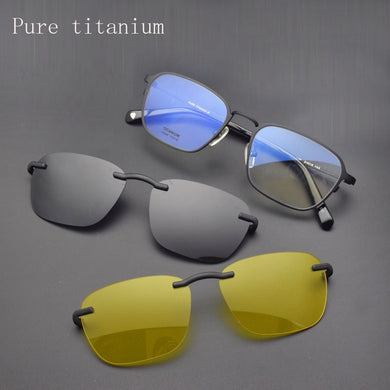 Lightweight Pure Titanium Full Frame Glasses Frame With Polarized Eyeglasses Retro Men's Sunglasses Night Vision Clips Magnet
