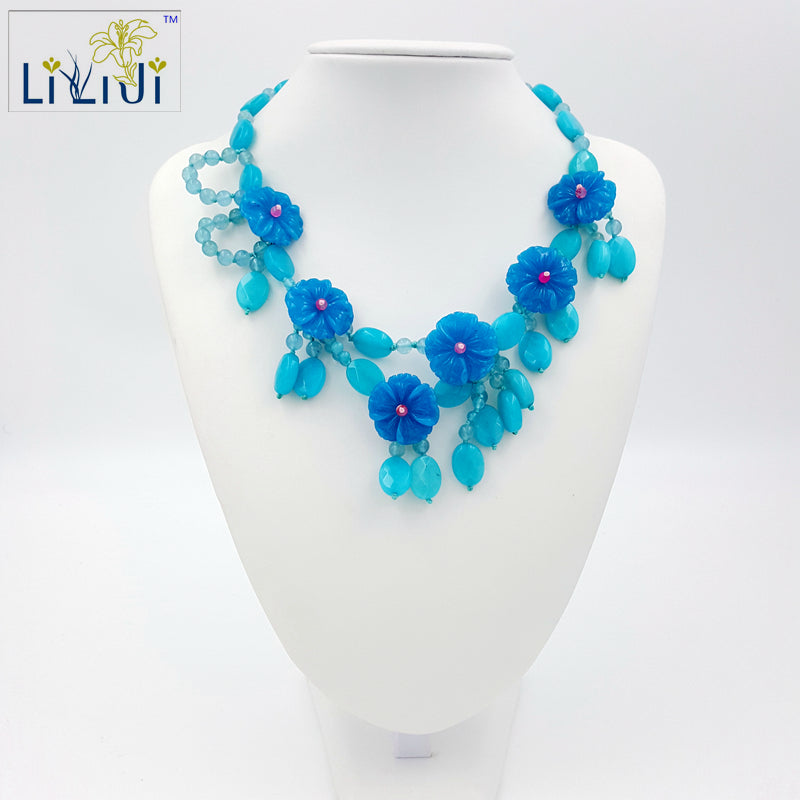 Dye Blue Color Jade Beads Flowers with Jade Toggle Clasp Necklace