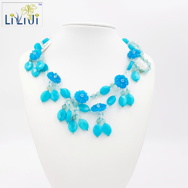 Dye Blue Color Jade ,Dye Blue Agate Flowers ,Glass with Jade Toggle Clasp Necklace Approx 46cm