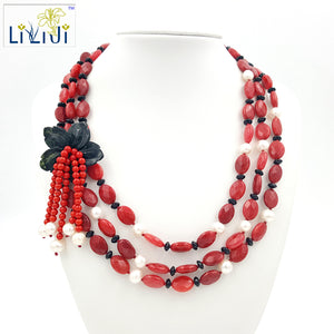 Dye Jade Pearl Onyx Black Jade Flower with Jade Toggle Clasp Necklace Approx 53cm