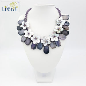 Dye Purple Color Agate, Glass ,Shell Flowers with Jade Toggle Clasp Necklace Approx 48cm