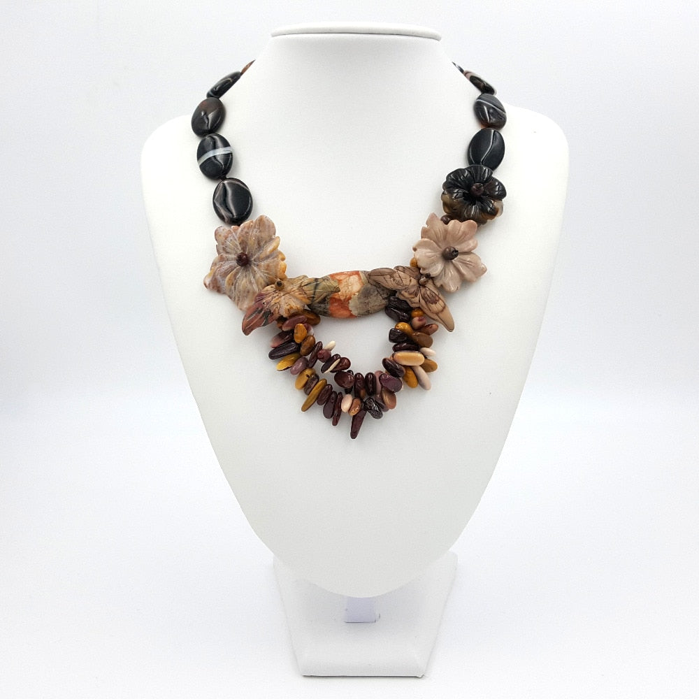 Mini Garden Series Natural Ocean Agate Flowers Mookaite and Agate with Jade Toggle Clasp Necklace