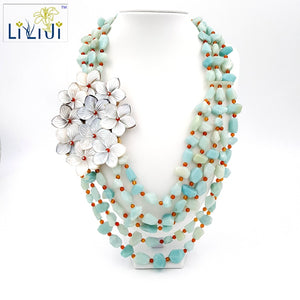 Natural Amazonite and Shell Flowers with Jade Toggle Clasp Handmade Knitting Big Necklace