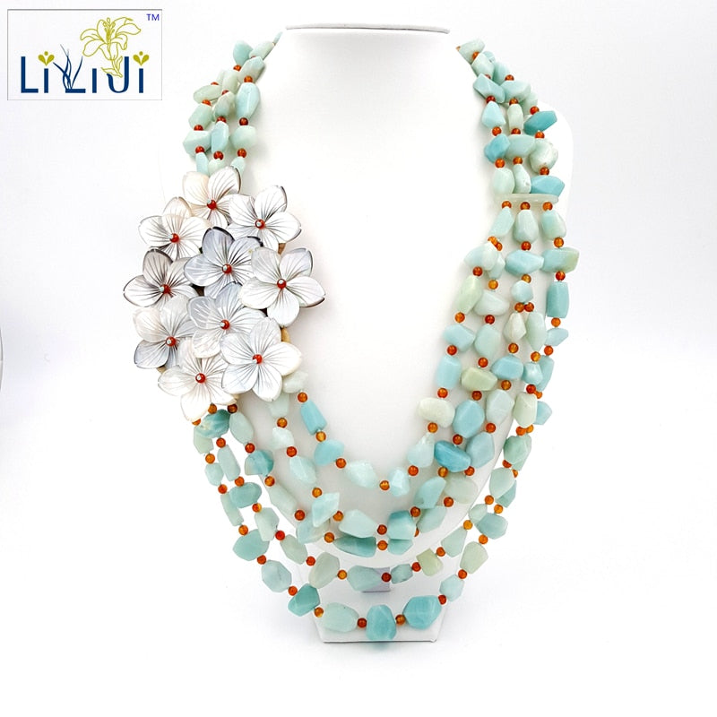 Natural Amazonite and Shell Flowers with Jade Toggle Clasp Handmade Knitting Big Necklace