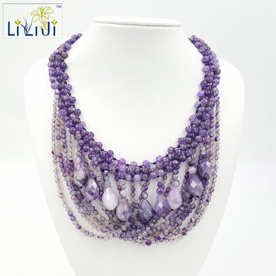 Natural Amethyst, Dye Agate with Jade Toggle Clasp Handmade Knitting Necklace