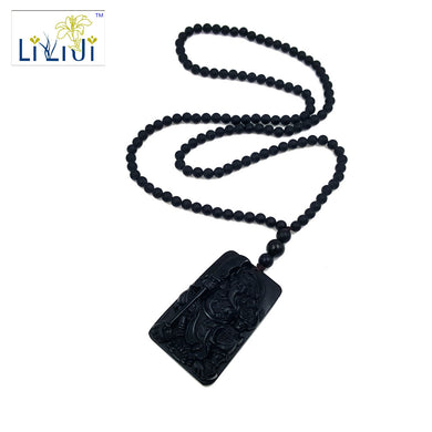 Natural Black Obsidian Carved Buddha Lucky Amulet Pendant Black Agate 6mm 30 Long Necklace For Women Men Jewelry