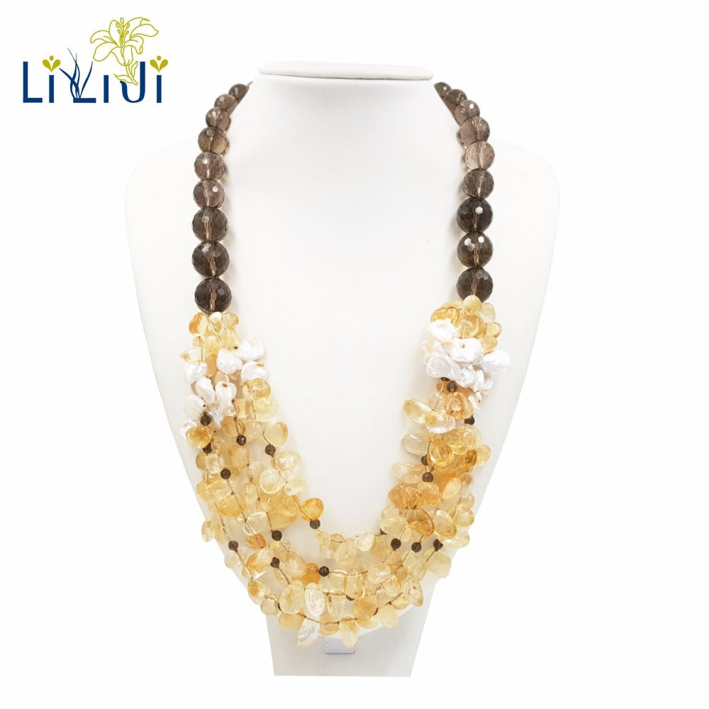 Natural Citrine Smoky Quartz Keshi Pearl Necklace Jade Toggle Clasp Approx 62cm