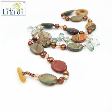 Natural Color Jasper , Pearl and Glass with Jade Toggle Clasp Fashion Women Necklace about 52cm