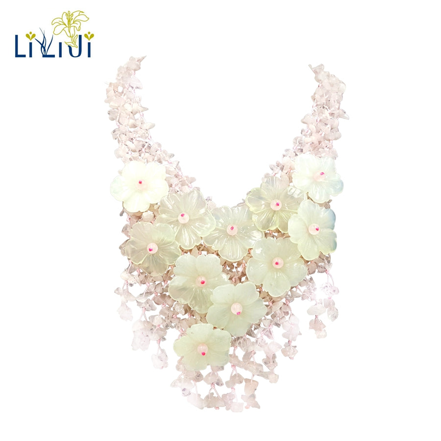 Natural Gemstone Rose Quartz New Jade Flowers Jade Clasp Handmade Knitting Statement Necklace For Women Fashion Jewelry