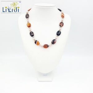 Natural Onyx Agate Pearl Grey Agate with Jade Toggle Clasp Necklace