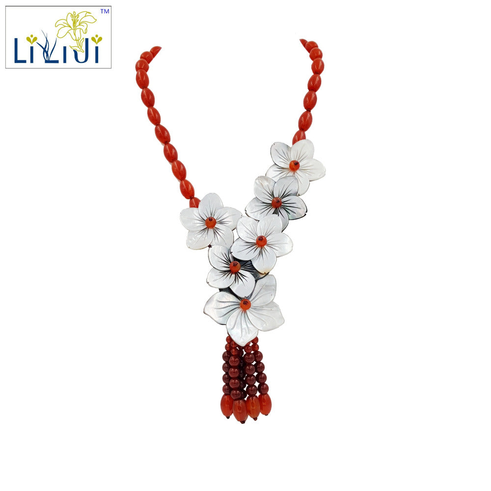 Natural Red Agate, Shell Flowers with Jade Toggle Clasp Necklace Fashion Women Jewelry