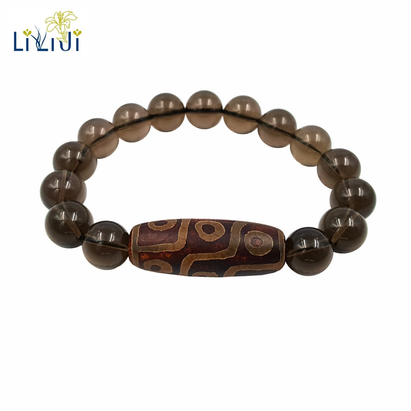 Natural Smoky Quartz DZI Bead Bracelet Total size about 7.5'' Smoky Quartz size 12mm, DZI about 14x38mm