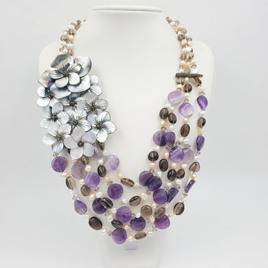 Natural Stone Amethyst,Smoky Quartz, Pearl,Shell Flowers Handmade Necklace Fashion Jewelry