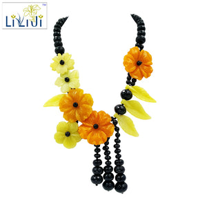Natural Stone Black Agate,Korea Jade,Dye Orange color Jade Flowers Handmade Necklace