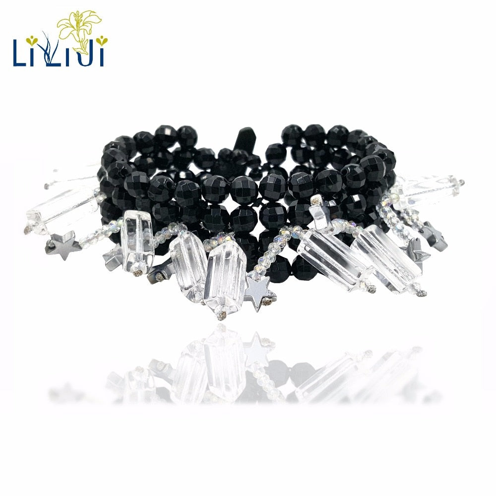 Natural Stone Black Onyx Agate Clear Quartz Crystal with Jade Clasp Bracelet For Women Party