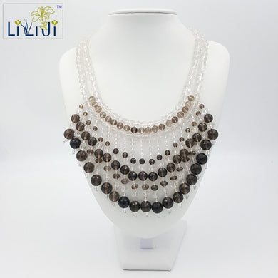 Natural Stone Clear Quartz,Smoky Quartz Beads with Jade Toggle Clasp Big Necklace