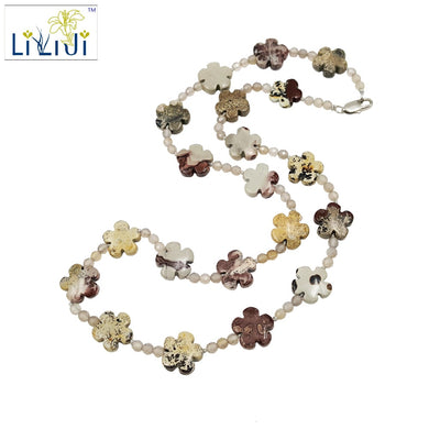 Natural Stone Jasper 15mm Flower Shape Beads,Grey Agate beads ,925 Sterling Silver Clasp Necklace about 60cm