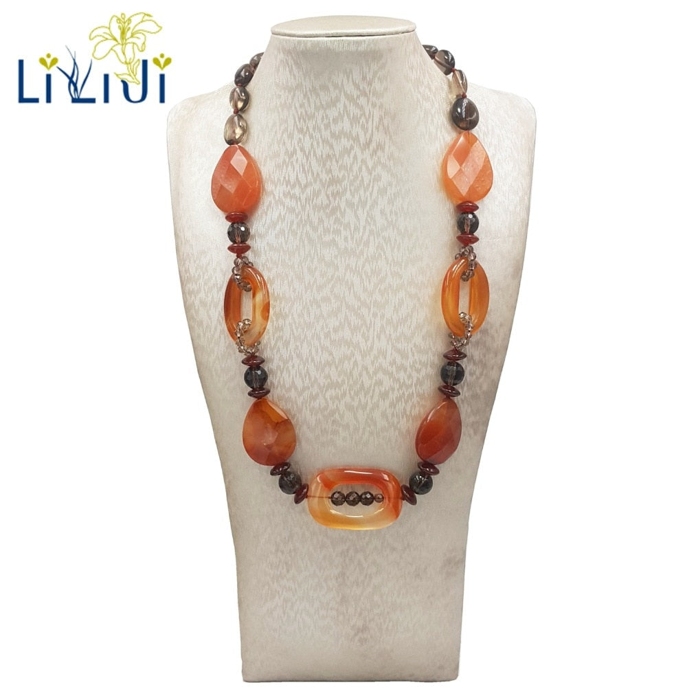 Natural Stone Red Agate Smoky Quartz Fashion Necklace Approx 53cm