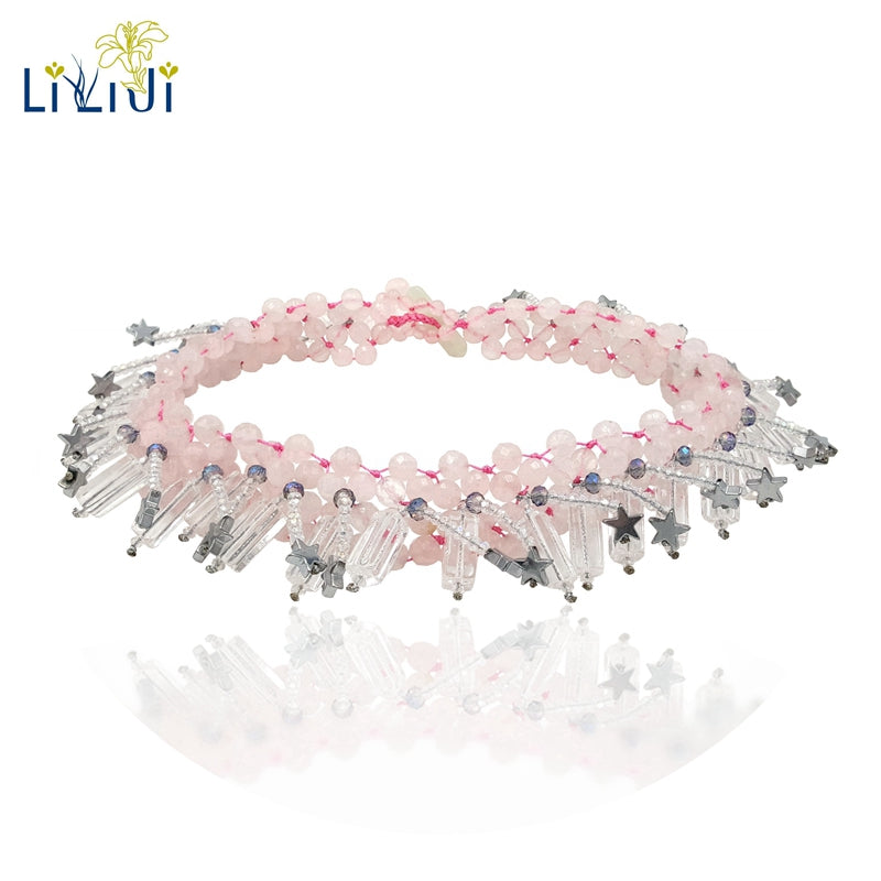 Natural Stone Rose Quartz Clear Quartz Crystal Hematite Stars Choker Necklace Handmade Knitting For Women Party