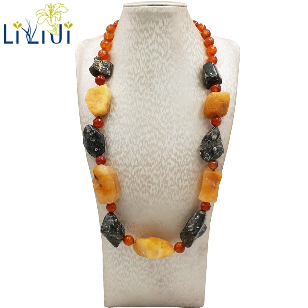 Natural Stone Turritella Agate Yellow Jade Red Agate Fashion Necklace Approx 60cm