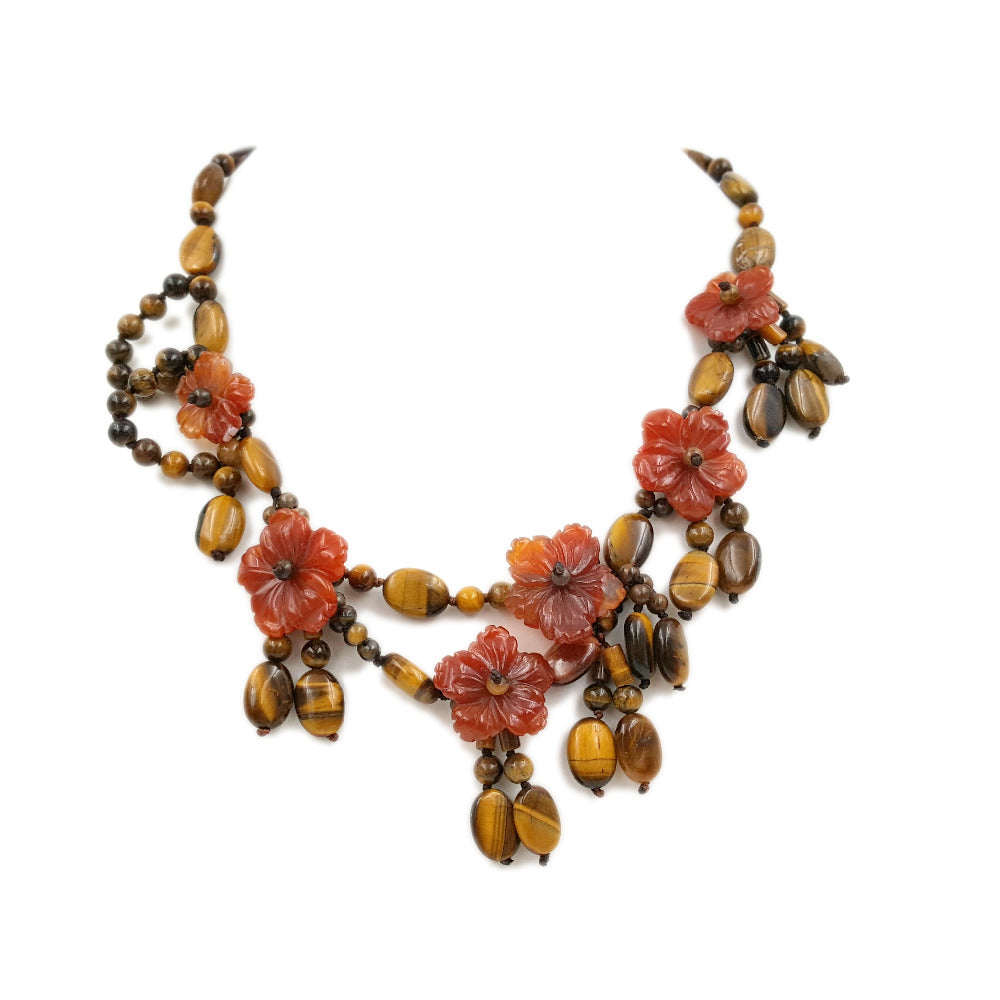 Natural Tiger's Eye,Red Agate flowers with Jade Toggle Clasp Necklace