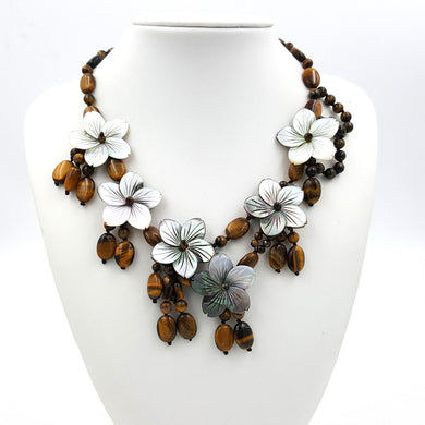 Natural Tiger's Eye,Shell flowers with Jade Toggle Clasp Necklace