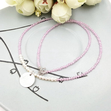 Piccola perla naturale, pendente con moneta opaca S925 in zircone rosa, collana in argento sterling 925 brillante per gioielli da donna 